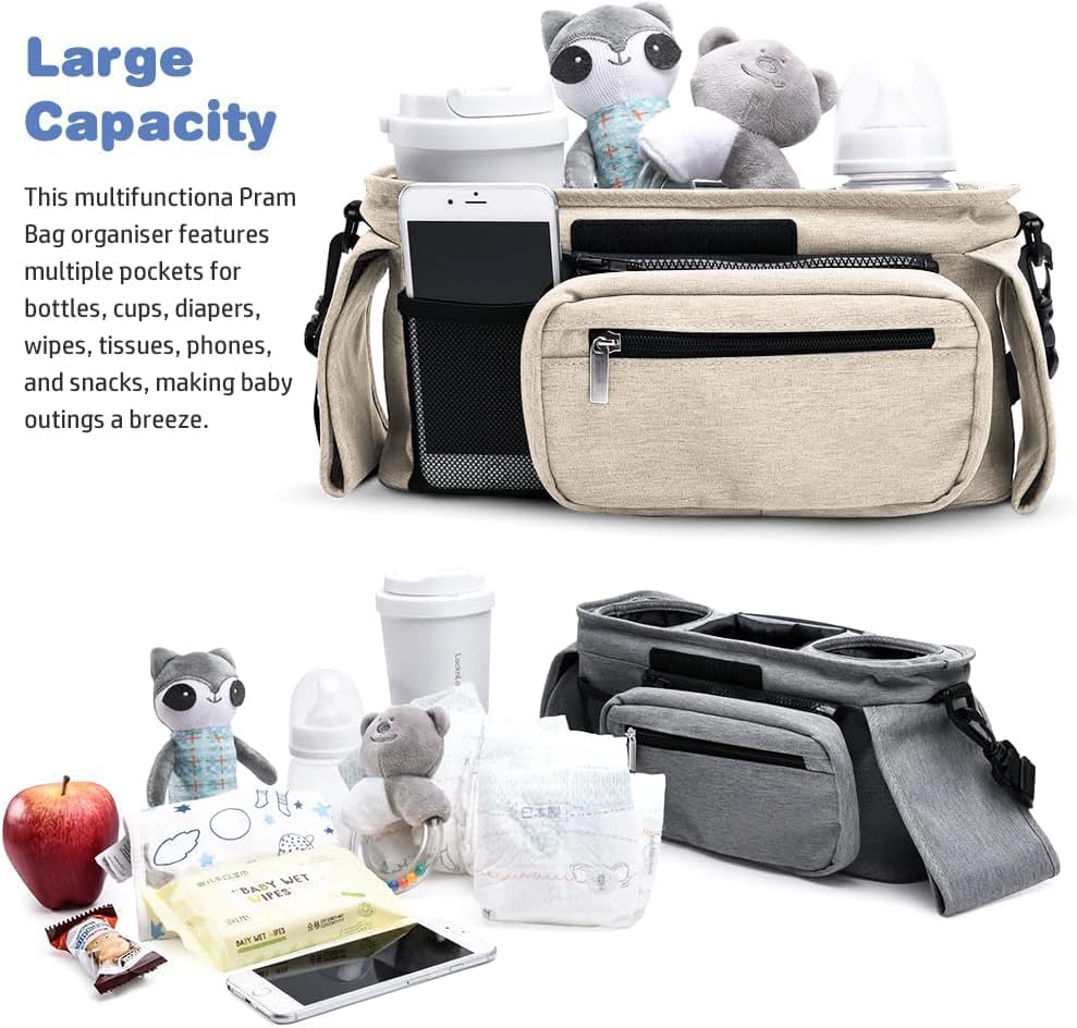 Miniatura 3 de Organizador de cochecito de bebé, organizador universal para cochecito con bolsa de teléfono desmontable, carrito de cochecito con 2 portavasos