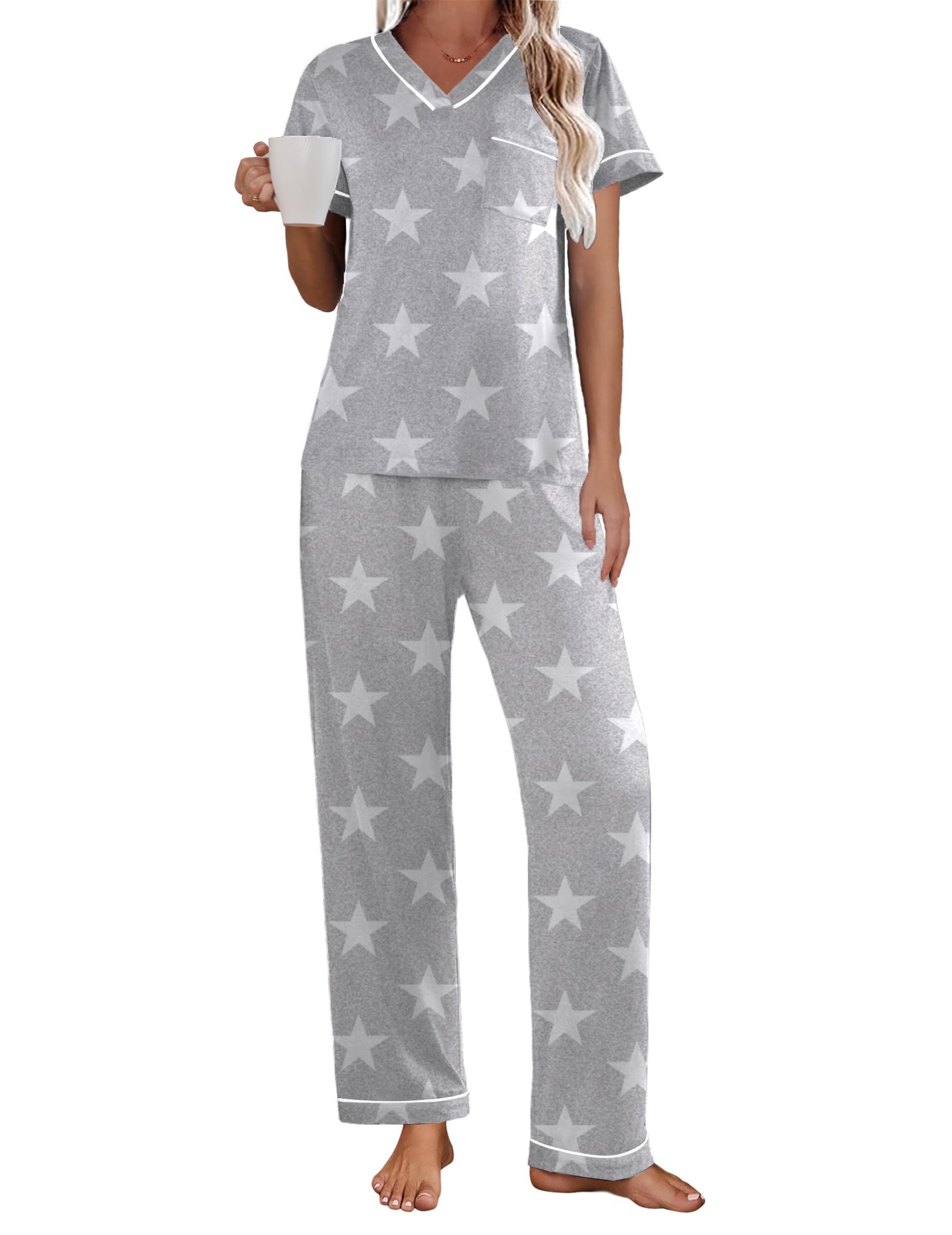 Ekouaer Women's Pajama Sets Short Sleeve V Neck Sleepwear Nightwear Soft Pjs Lounge Sets with Pocket