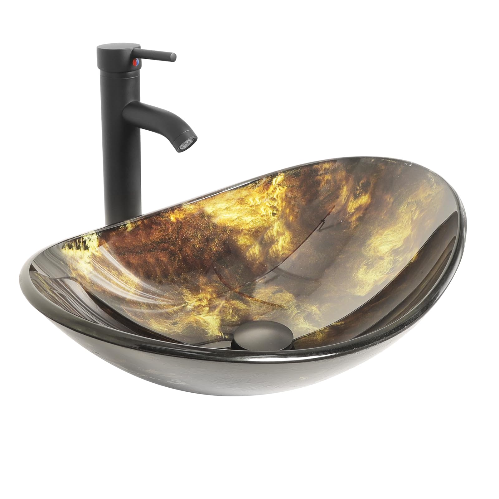 YU YUSING Lavabo Ovalado de Vidrio con Grifo sobre Encimera para Baño, Cocina y Aseo, Moderno Dorado Brillante, 53,3 x 35 x 16 cm