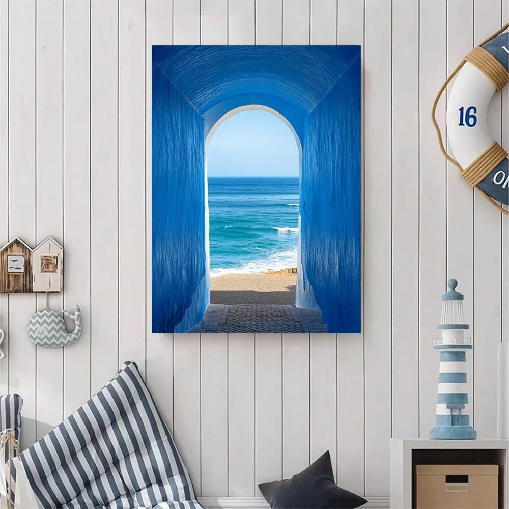 LTjiajuypd Canvas Poster Blue Archway Ocean View Beach Scene Coastal Art(70x110cm/Frameless)