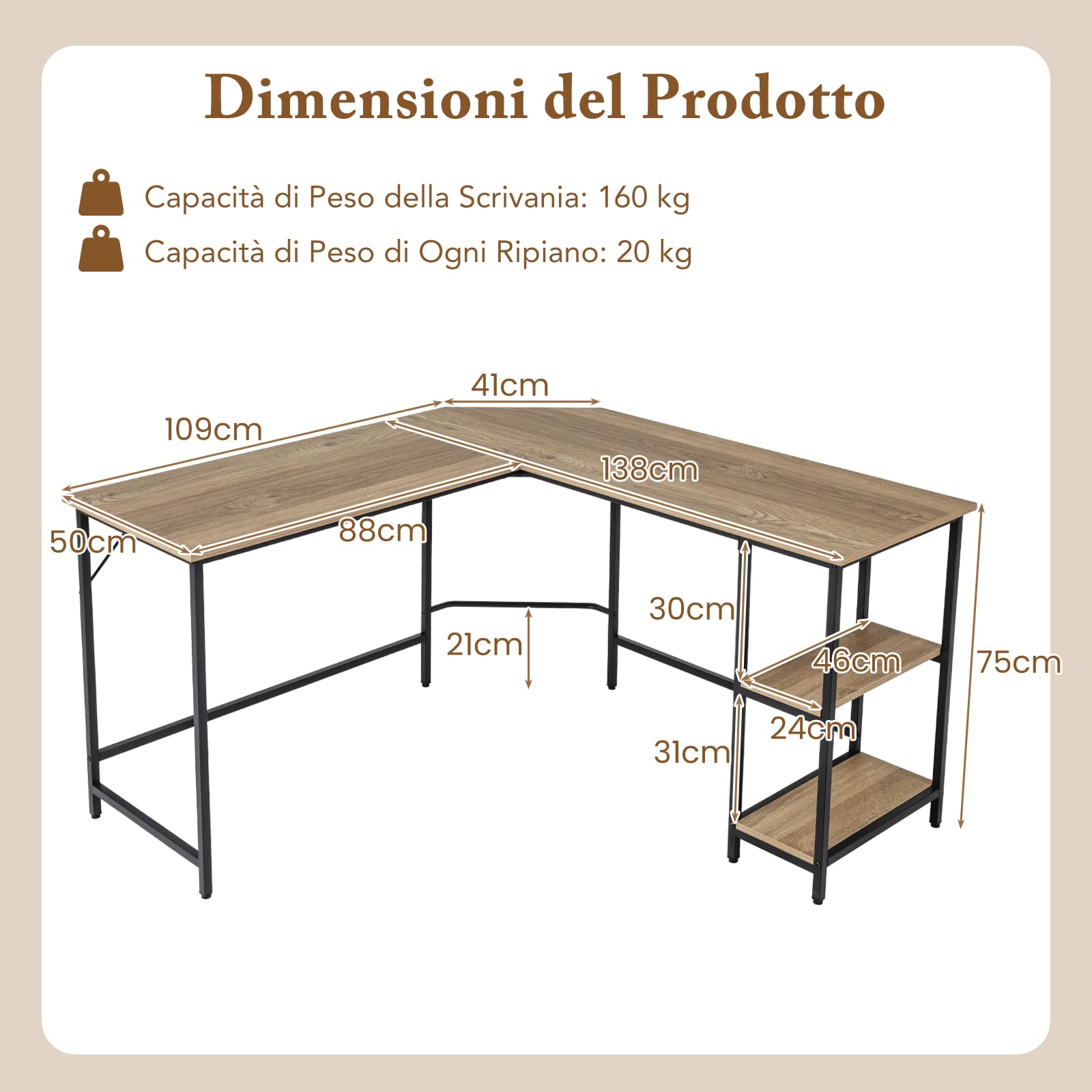 COSTWAY Scrivania Angolare 138 CM, Scrivania ad Angolo con 2 Prese, 2 Porte USB, Telaio in Acciaio al Carbonio e Ripiano a 2 Livelli Rimovibile, Scrivania Salvaspazio da Ufficio e Casa (Legno)
