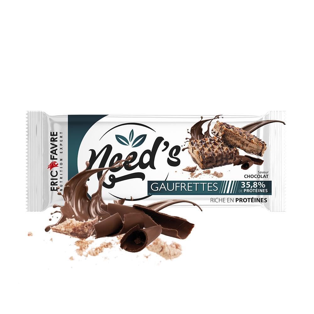 GAUFRETTES NEED’S CHOCOLAT PROTÉINÉES - Collation Sport - 15g de Protéines par Portion - Riche en BCAA - Avant ou Après Entraînement - Display 12x58g - Saveur Chocolat - Eric Favre