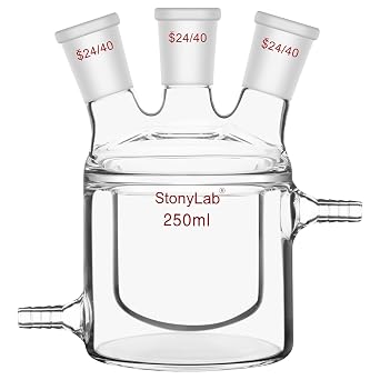 stonylab Jacketed Reaction Flask, Flat Bottom Double Layer Reaction Vessel with Three 24/40 Standard Joints, 250 ml