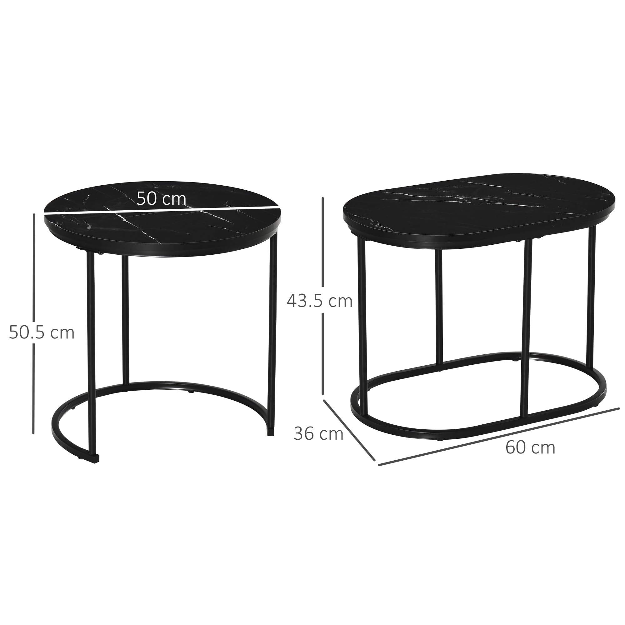 HOMCOM Tavolino Salotto Sovrapponibili con Piano Effetto Marmo, Tavolino da Salotto Moderno con Piedini Regolabili in MDF e Acciaio, per Soggiorno, Camera da Letto, Nero