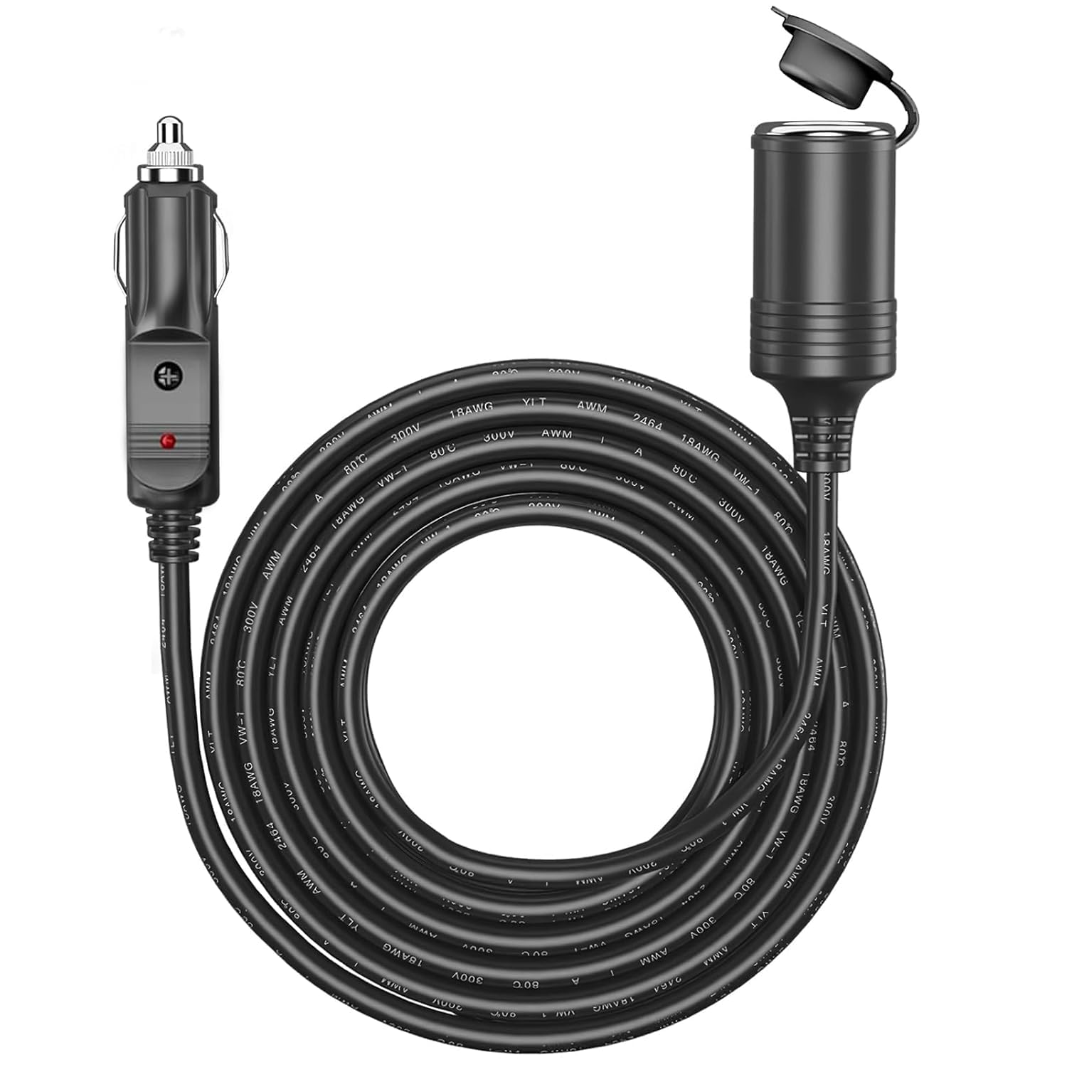 homenique car cigarette lighter socket, 12/24v car charger extension with 15a fuse & led indicator, 16.4ft/5m heavy-duty cord for vehicle devices, tire inflator, vacuum cleaner