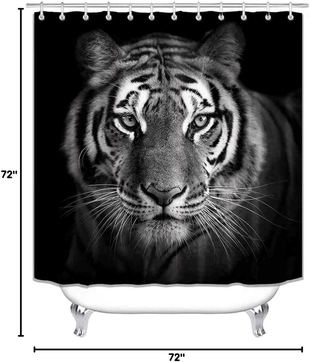 Fashion_Man 4PCS Tiger Shower Curtain Sets with Rugs, Waterproof Fabric Black Shower Curtain Set, Wildlife Safari Animal Bathroom Decor, Non-Slip Bath Mat Bathroom Rugs, Tiger Gifts for Men Teen Boys