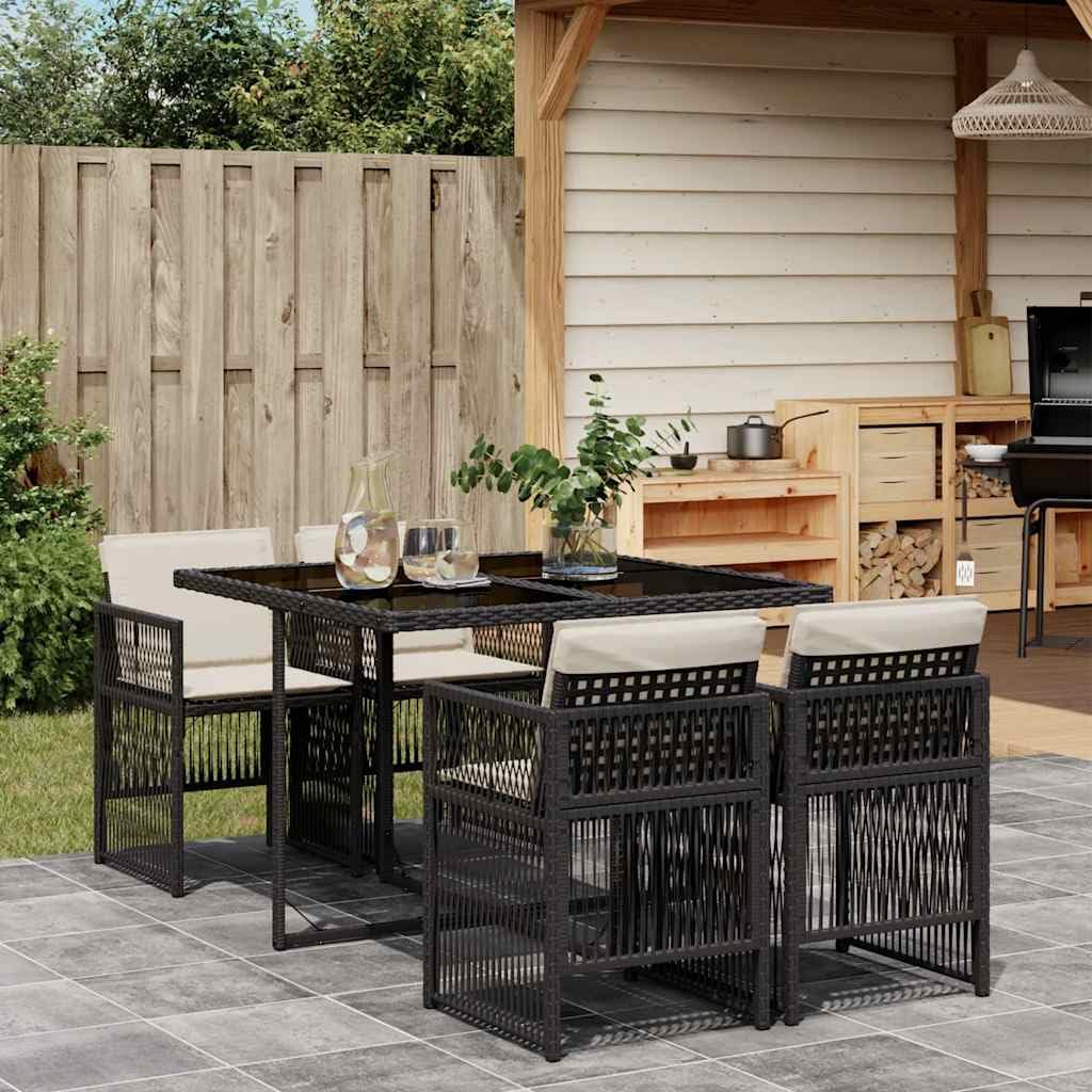 Salon de jardin 5 pièces en rotin avec table en verre et 4 chaises pliantes pour terrasse