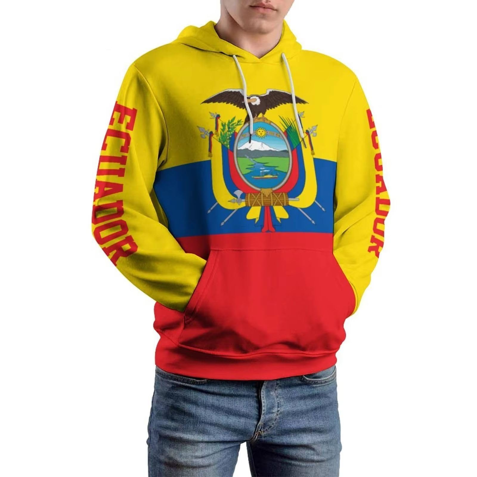 Felpa con Cappuccio da Uomo con Stampa Bandiera Ecuador, Stile Hip Hop Streetwear, Manica Lunga, Casual, Girocollo, Unisex, Stemma, con Cappuccio, Abbigliamento Sportivo, per L'Allenamento