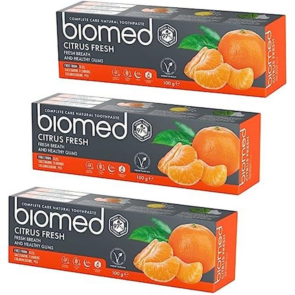 Biomed Citrus Fresh 97% Natural Toothpaste | Orange, Fresh Breath, Healthy Gums | Mandarin Grapefruit Lemon Essential Oils, Fruit Flavour, Vegetarian, SLES Free 100g (Pack of 3)