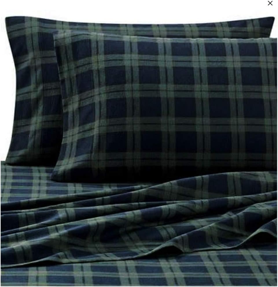 The Seasons Collection Super Soft Cotton Heavyweight Flannel 3 Piece Sheet Set Blackwatch Plaid Navy Blue and Green TWIN