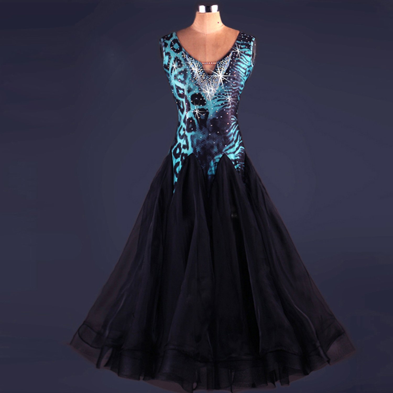 YC Bene Donne Danza Moderna Standard da Ballo Concorrenza Abiti Leopardo Strass, Collo a V Danza Costumi espansione Gonna per Donne Performance Tango Valzer Abiti Leopard M