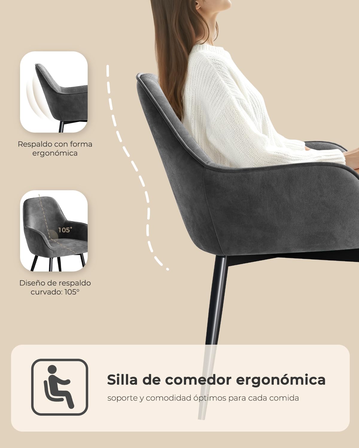 ELUCHANG Silla de Comedor Tapizada Terciopelo con Reposabrazos Pack 4, Ergonómica para Cocina, Dormitorio, Sala, Carga 120kg, Patas de Metal Estable, Gris Oscuro