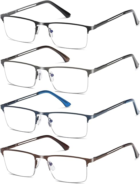 Fsread 4 Pack Half Frame Reading Glasses For Men Metal Frame Blue Light Blocking Mens Reader Lightweight Spring Hinge