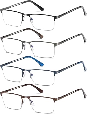 4 Pack Half Frame Reading Glasses For Men Metal Frame Blue Light Blocking Mens Reader Lightweight Spring Hinge