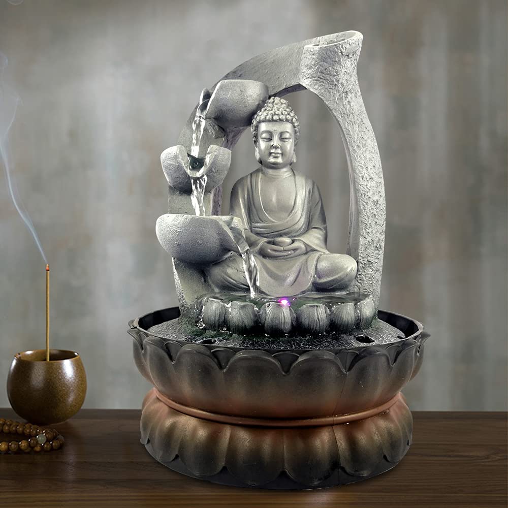 Fontana Buddha con luce LED, fontana da tavolo Shui Zen, decorazione in resina Buddha, fontana in loto, decorazione per interni