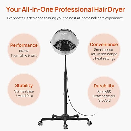 Miniatura 8 de Ionic - Secador de pelo con capucha, secador profesional de capó de 1875 W, negro, plástico, 3 ajustes de temperatura, diseño portátil de pie para
