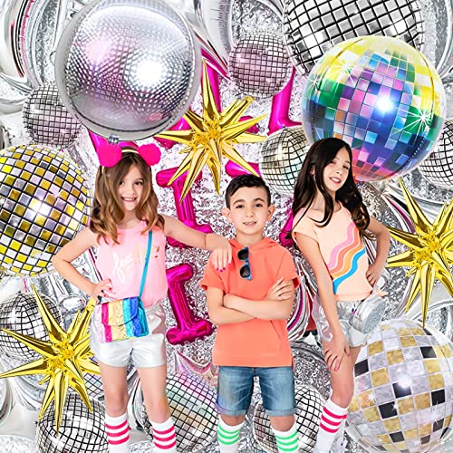 Disco Ball Balloons- 18Pcs Large Disco Balloons 22” 10 Inch Mixed 4D Round Metallic Disco Mylar Balloons Gold Exploding Star Balloons For 70S 80S 90S Casino Disco Themed Birthday Dancing Party Decor #TOP4