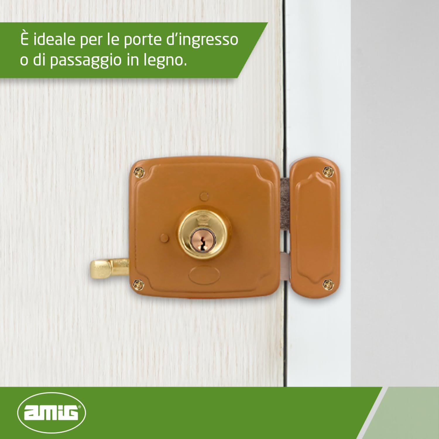 Amig - Serratura a Soprapponere Destra | Leva di Chiusura e Maniglia | Ideale per Porte in Legno | Oro, Misura 85 x 95 mm, Acciaio | Amig Griglia 3 150x150, Spessori per Cilindro