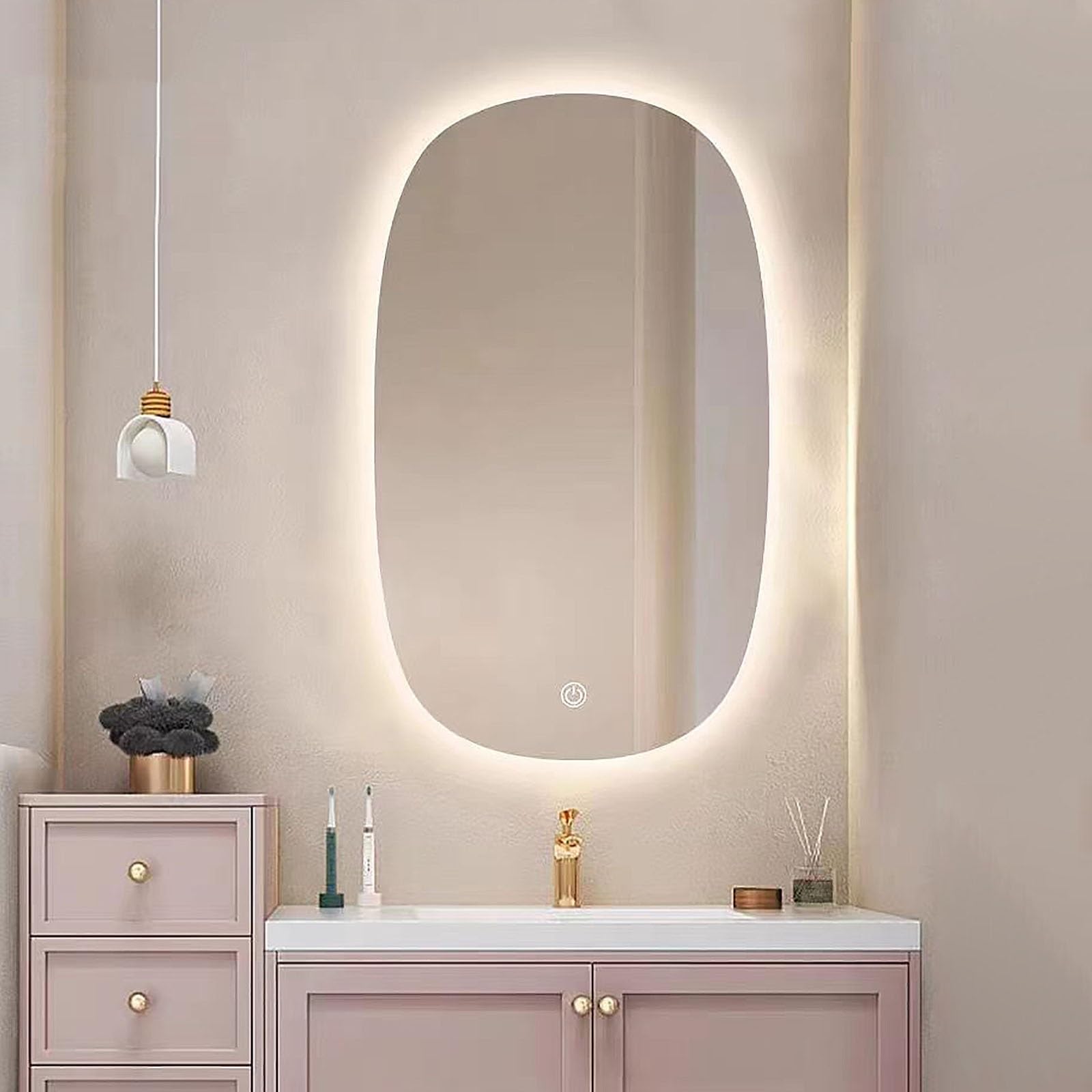 Atwnjkp Oval Illuminated Mirror 50x80cm(19.7x31.5in) – 3 Colour Dimmable LED, Adjustable Brightness | Symmetrical Vanity Mirror with Lighting for Bathroom, Makeup, Hallway & Living Room