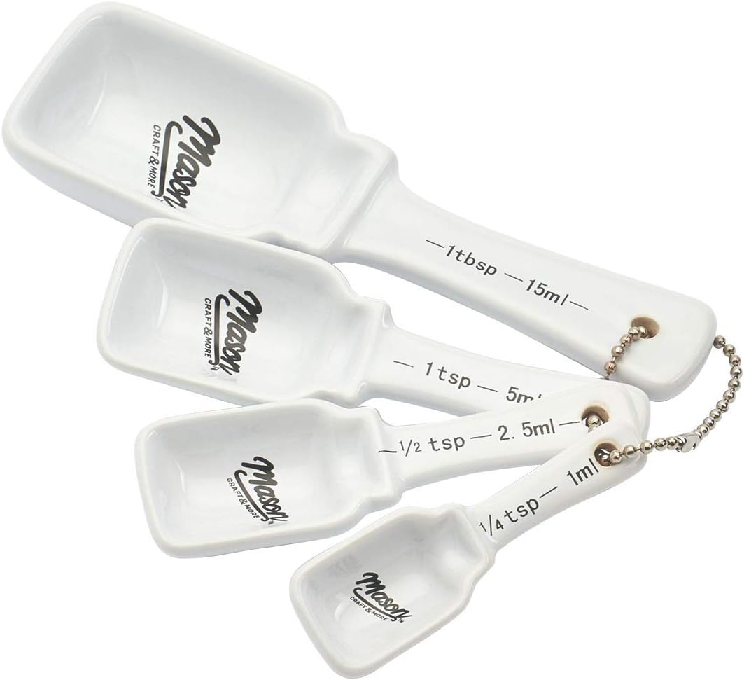 Mason Craft & More Ceramic Bakeware- Baking Round Cooking Recipe Cups Teaspoon Tablespoon Cup- White Ceramic Measuring Spoon Set (1 Tbs, 1 Tsp, 1/2 Tsp, 1/4 Tsp)