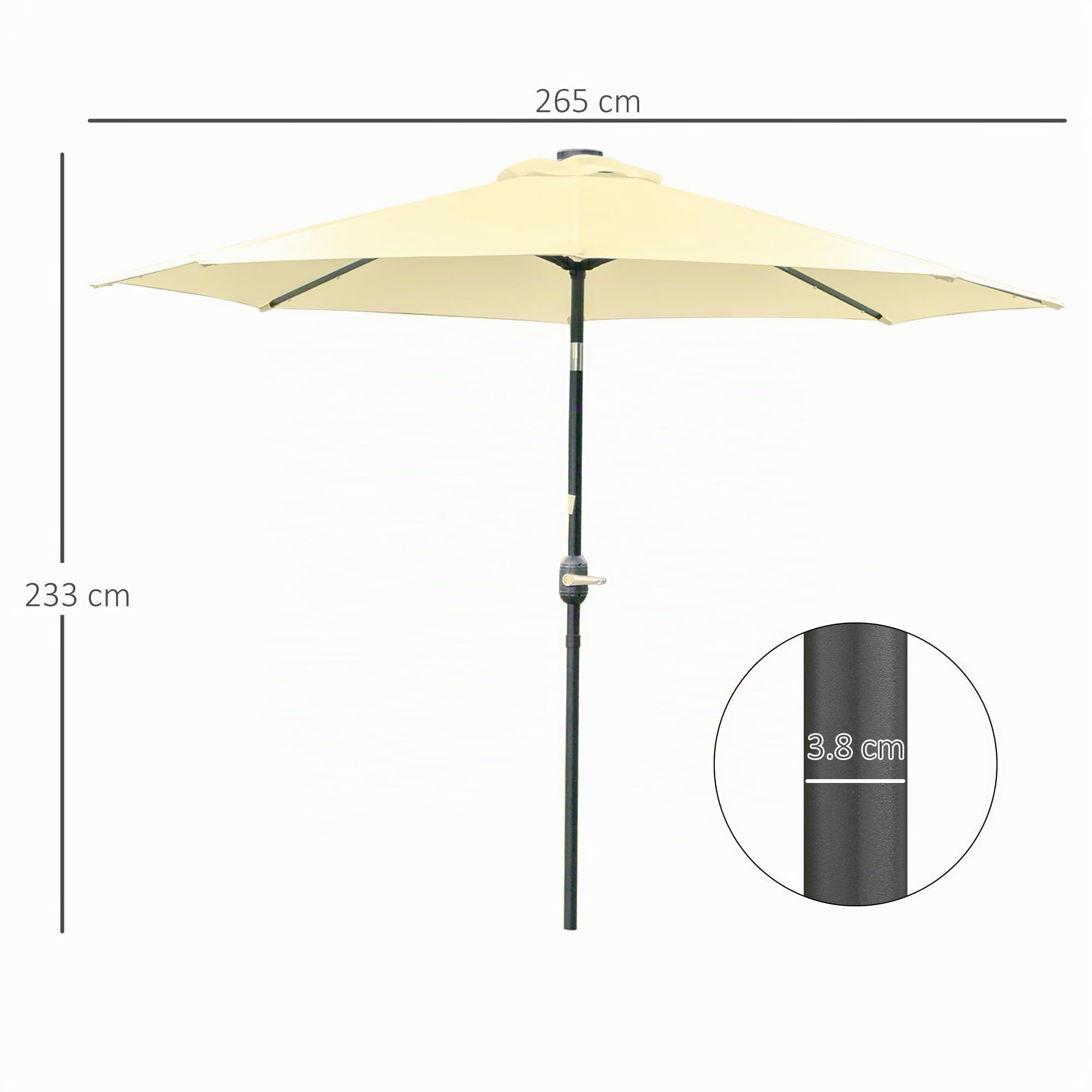 Outsunny Ombrellone da Giardino Inclinabile Ø265 cm con Manovella Beige | 32 Luci LED Solari, Ombrellone da Esterno, 8 Stecche, Acciaio e Poliestere, per Terrazza Balcone Patio