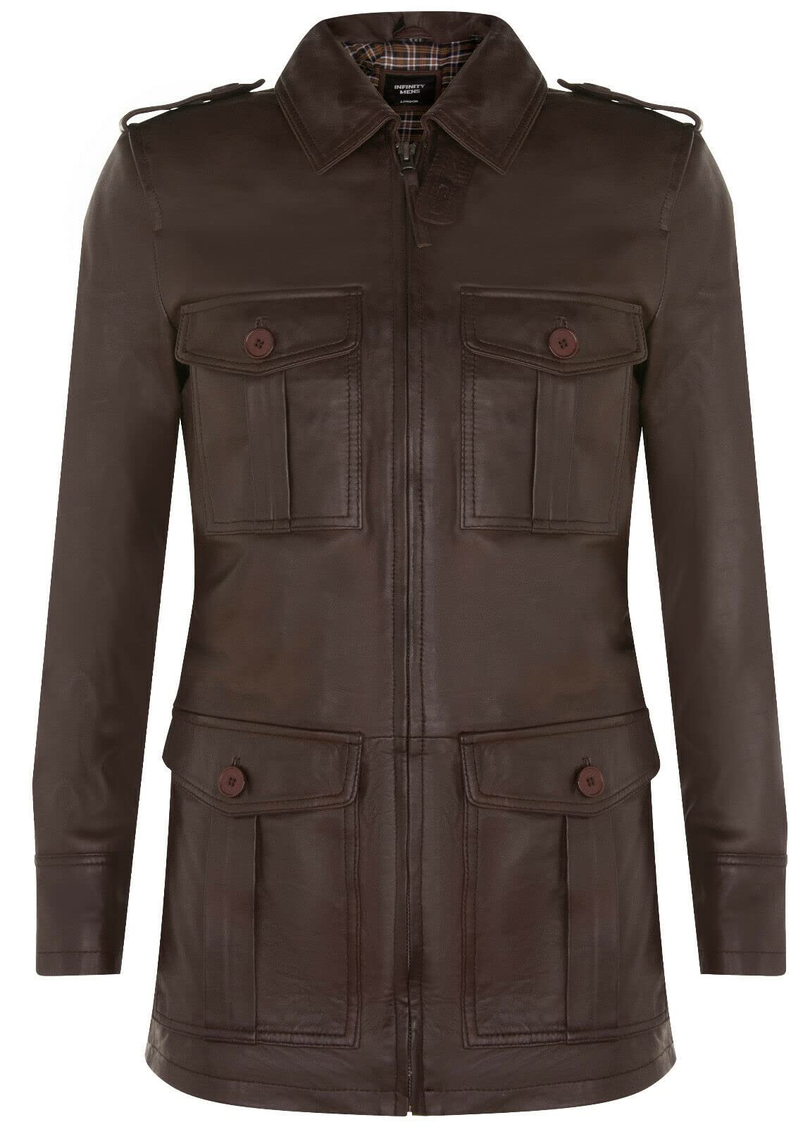Infinity Leather Men’s Brown Casual Parka Safari Multi-Pocket Collar Trench Reefer Jacket Coat 2XL