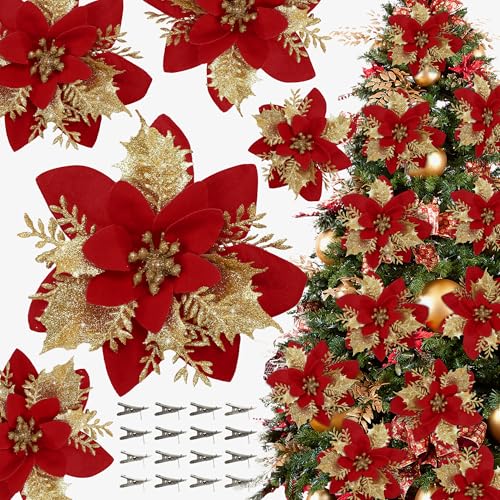 16 PCS Poinsettia Flower Artificial Poinsettia Christmas Decorations Glitter Poinsettias Christmas Ornaments Christmas Tree Flower Decorations with Clips DIY Xmas Wreath Holiday Weed Home Party Decor