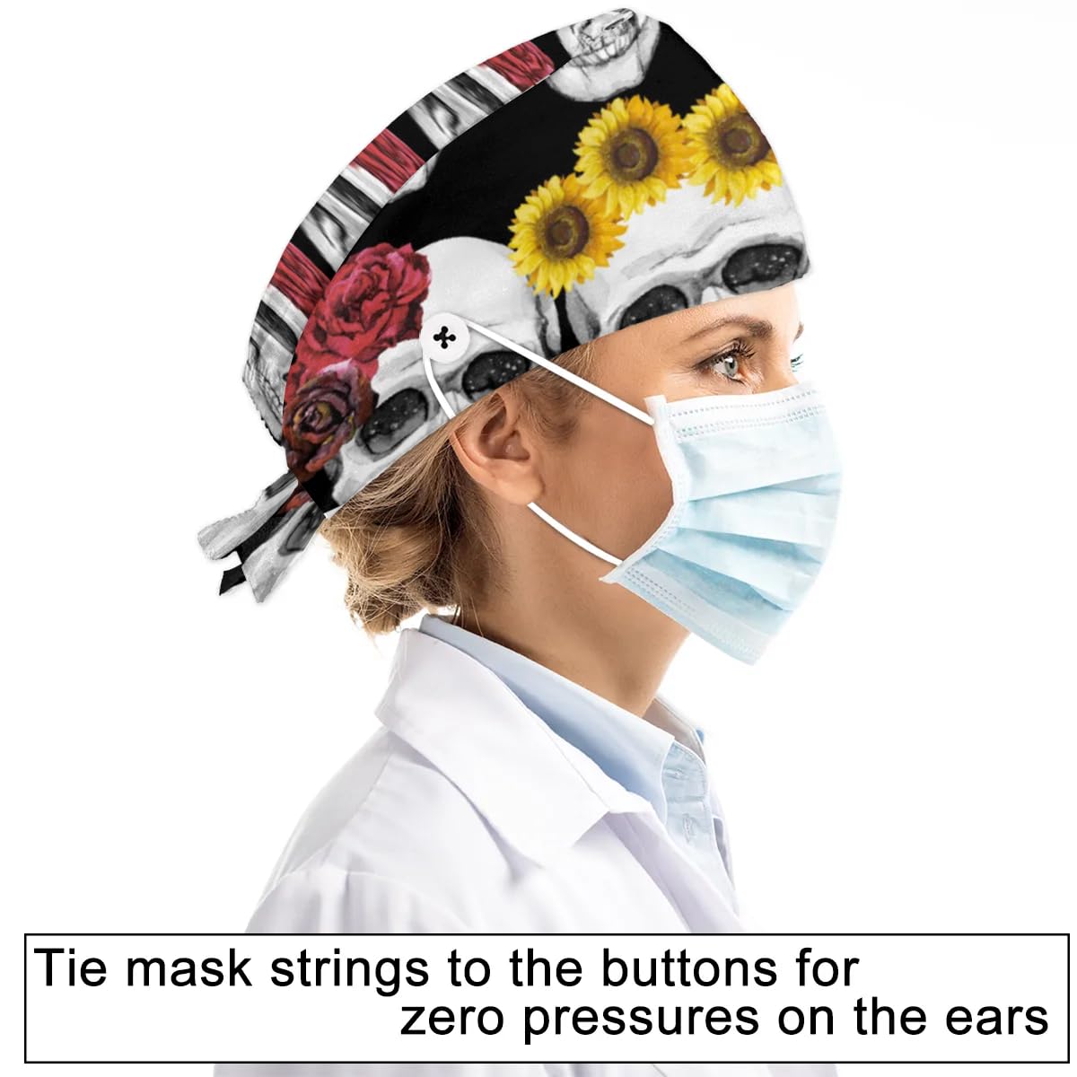 Mularoka Rose Sunflower Skulls Working Caps with Button Sweatband Comfortable Adjustable Bouffant Hats Work Hat for Women Men