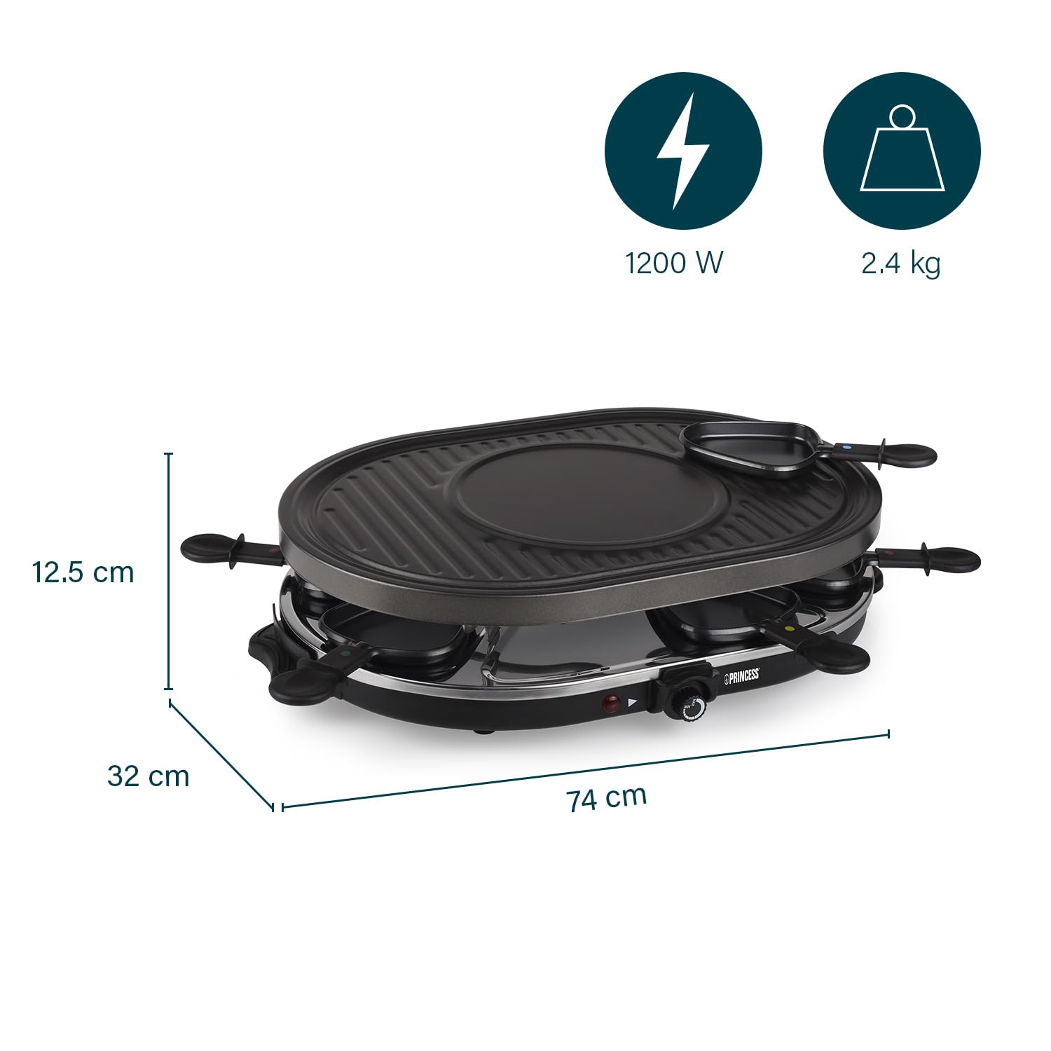 Princess 162700 Oval Grill Party – Raclette y parrilla, con parte diseñada especialmente para creps, 8 personas