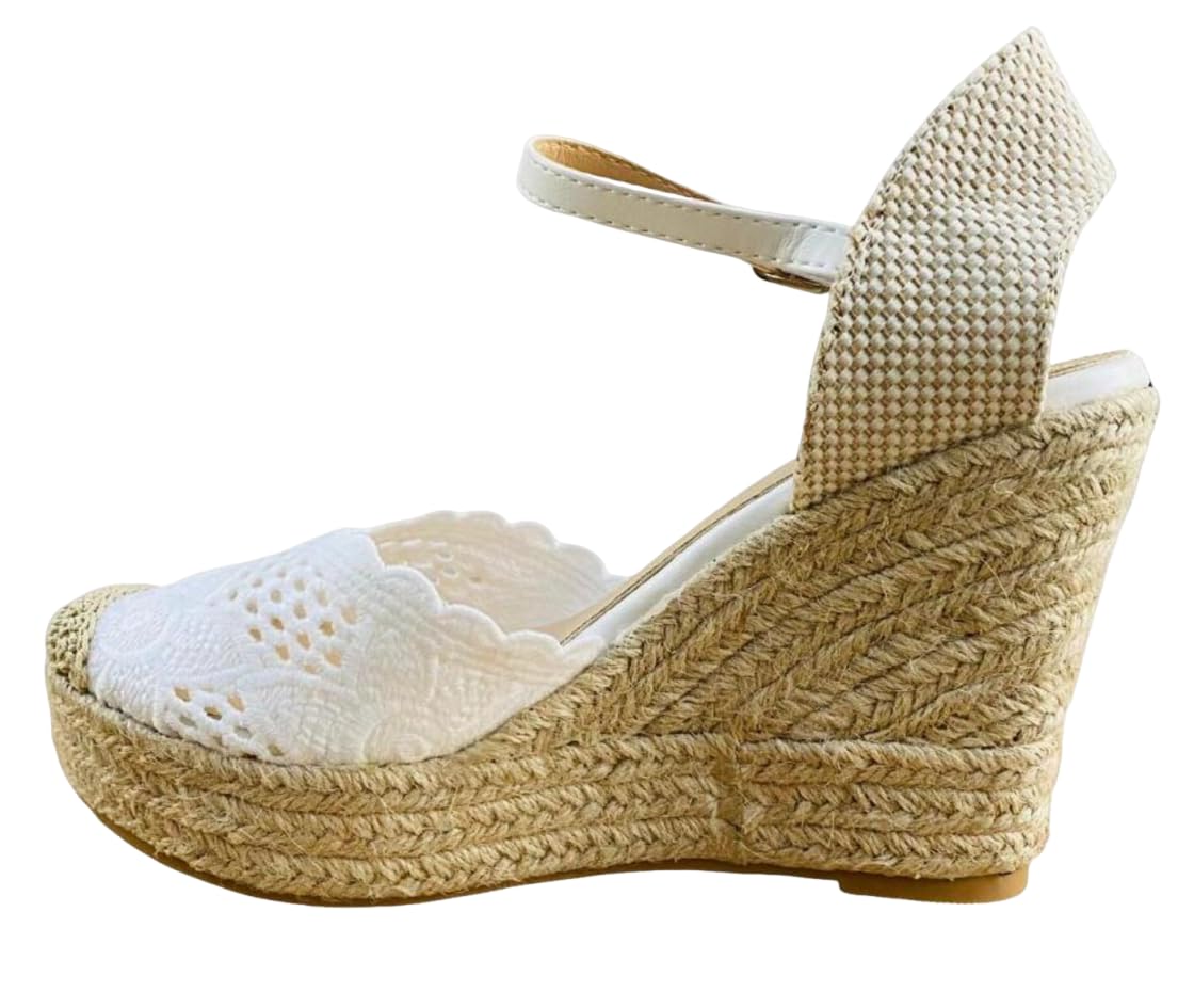 Miro Boho Chic Cuñas de Esparto Mujer – Alpargatas Cuña Novia Boho Chic Cómodas y Ligeras – Sandalias Mediterráneas con Encaje, Pulsera al Tobillo y Plataforma de Yute para Verano y Eventos