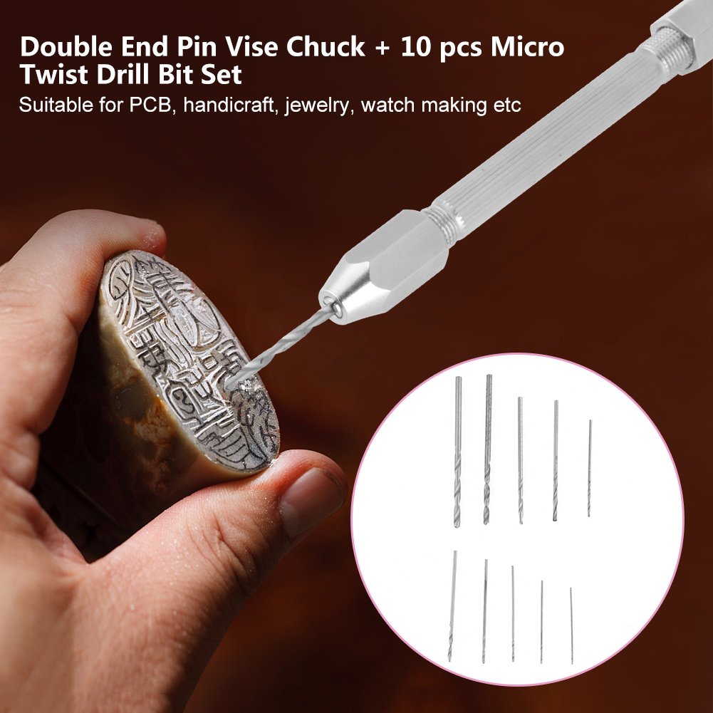 Morsa a Pin Doppio + Set di Punte da Trapano Micro Pin Vise Bit Doppia Estremità 0.5~3.2mm per Orologiaio