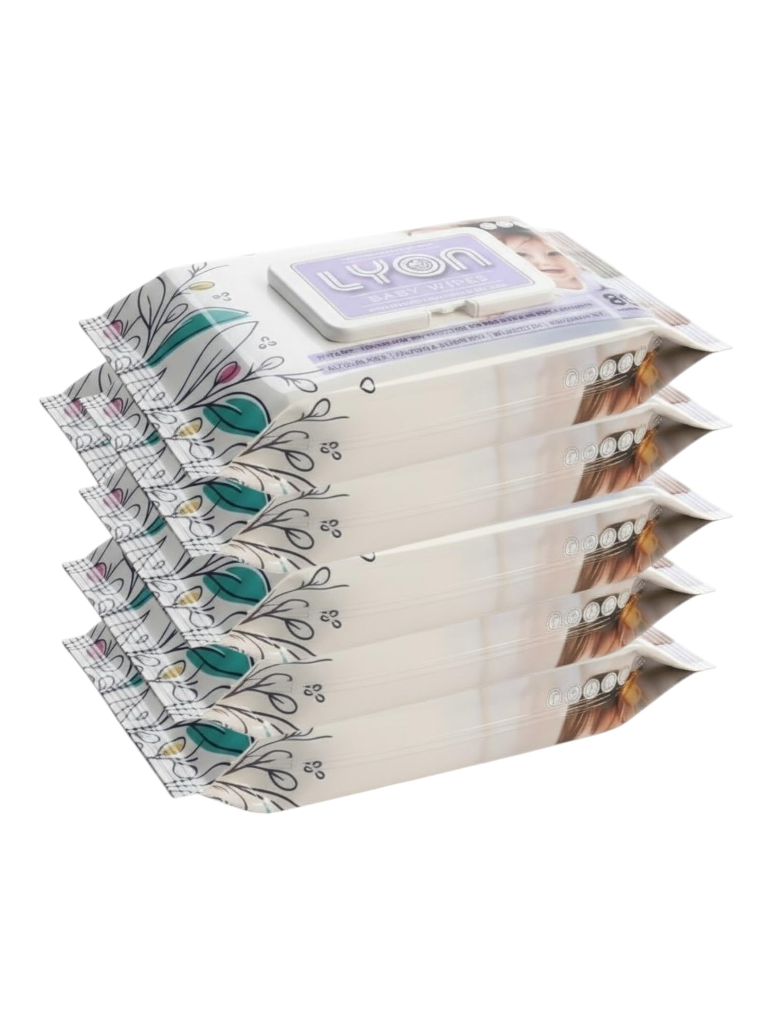 Lyon baby wet wipes with lid enriched with aloe vera and vit e (80 wipes per pack) Pack of 5-image-9