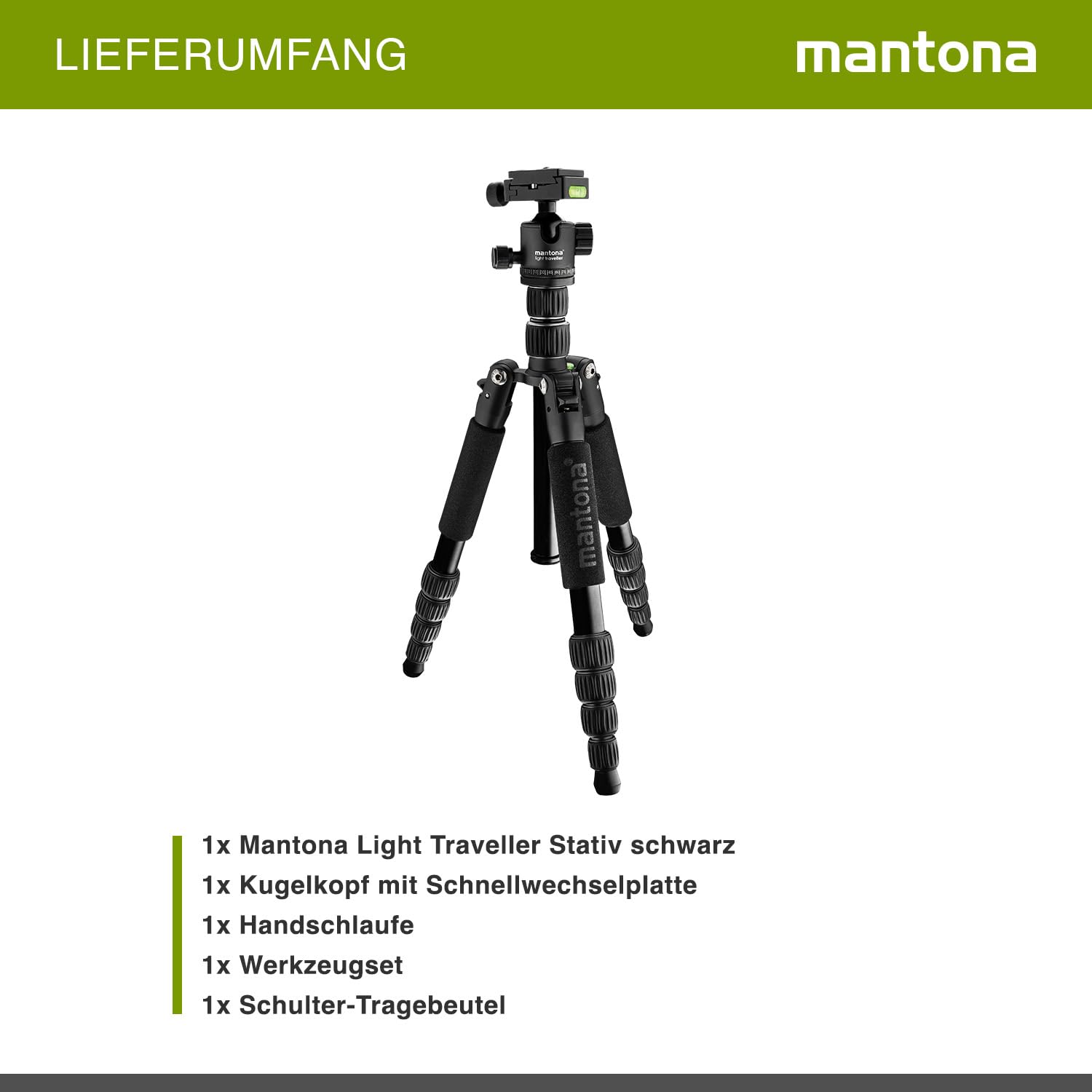Mantona Light Traveller Reisestativ 131,5 cm schwarz, Kamerastativ aus Aluminium bis 5 kg Traglast, leichtes Fotostativ mit Kugelkopf und Arca-Swiss-Schnellwechselplatte, Tripod und Monopod