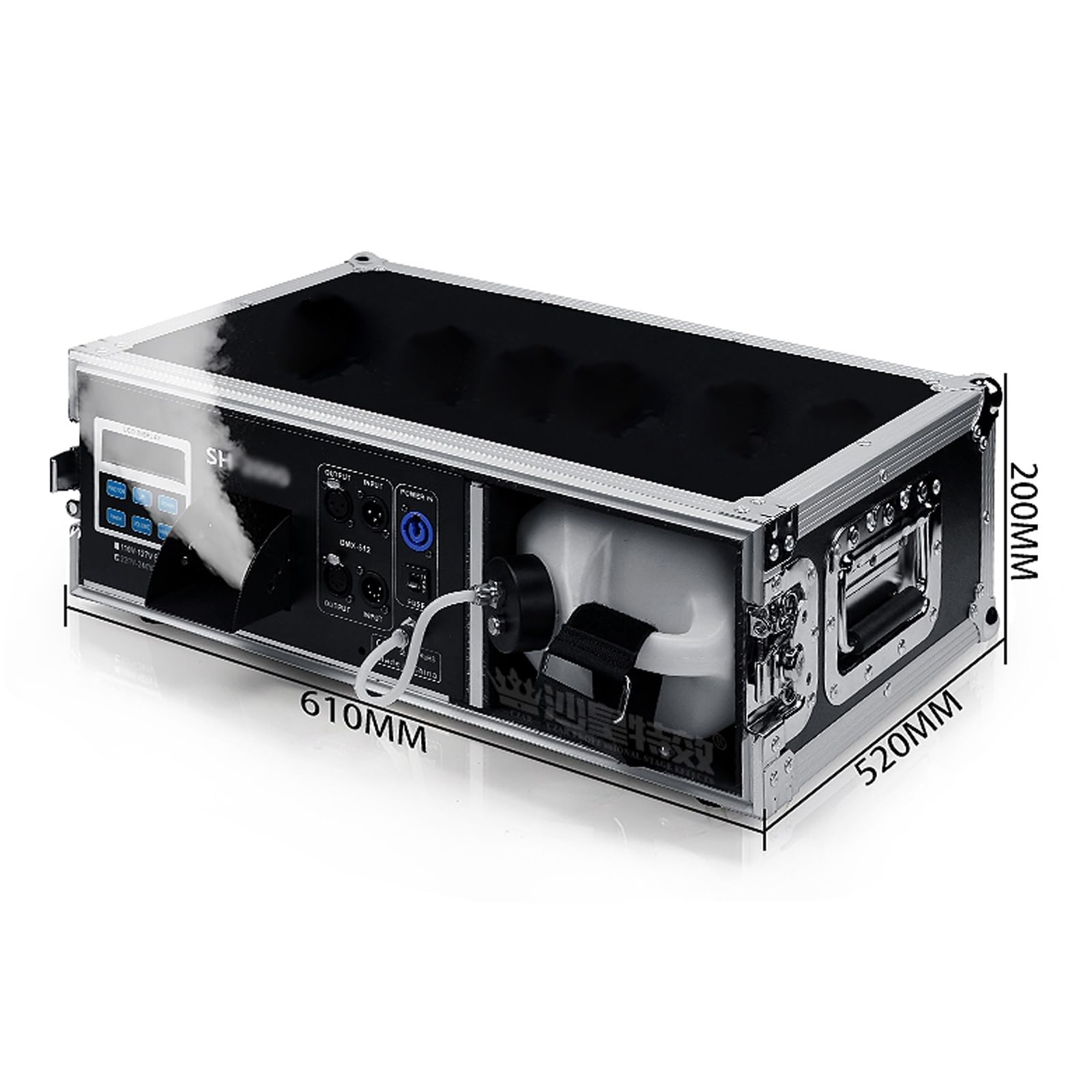 Profesjonalna wytwornica dymu 1500 W, nisko zawieszona wytwornica dymu scenicznego z pilotem DMX, skrzynia transportowa, zbiornik na ciecz 3 l, regulowany wylot dymu