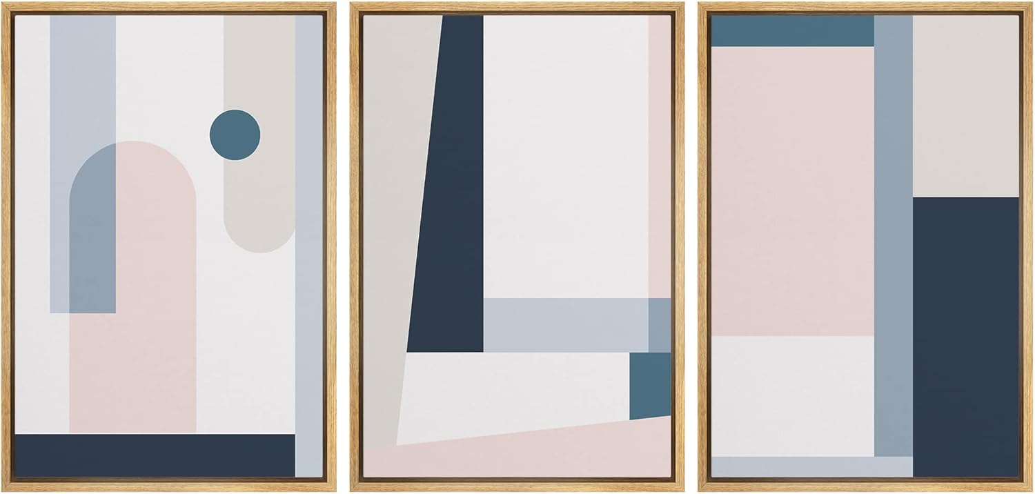 NWT Framed Canvas Print Wall Art Set Pastel Geometric Mid-Century Color Blocks Abstract Shapes Illustrations Minimalism Decorative Contemporary for Living Room, Bedroom, Office - 24"x36"x3 Natural