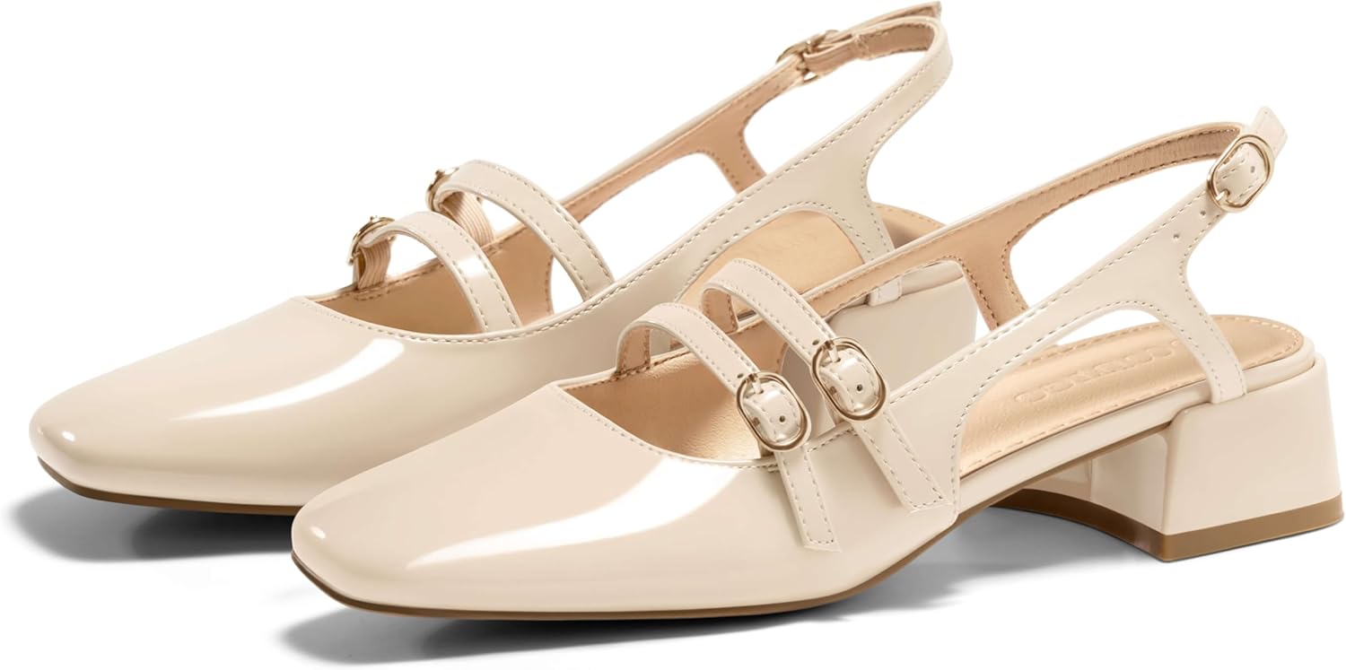 Coutgo Women's Mary Jane Chunky Low Heels Slingback Pumps Closed Square Toe Wedding Dress Shoes - Image 5