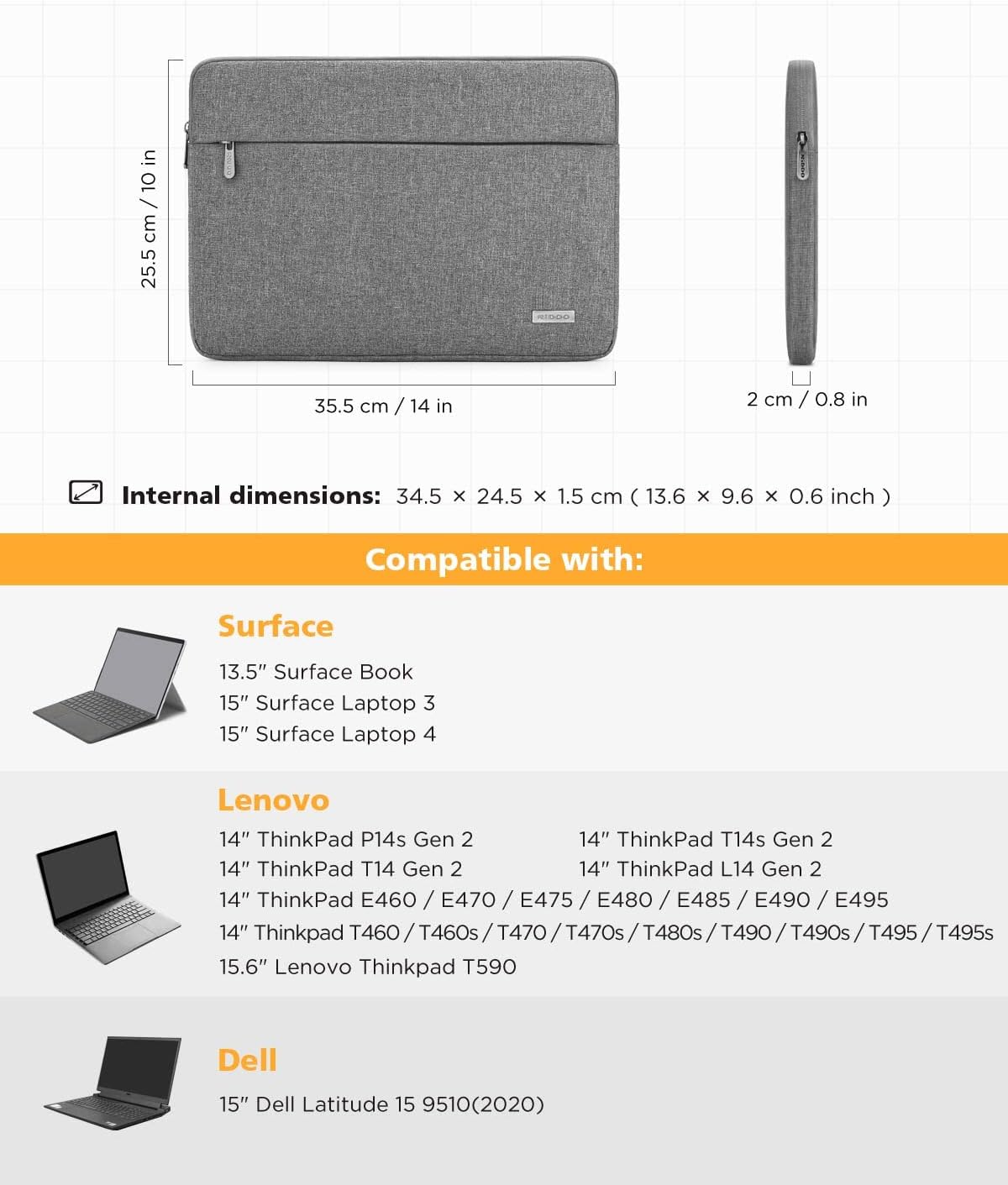 NIDOO 14 Inch Laptop Sleeve Case Water-Resistant Portable Computer Carrying Hand Bag Pouch for 14" Lenovo Chromebook S330 / ThinkPad E490 T490 T490s T590 / HP ProBook 645 G4 / Acer Swift 5 7,Grey
