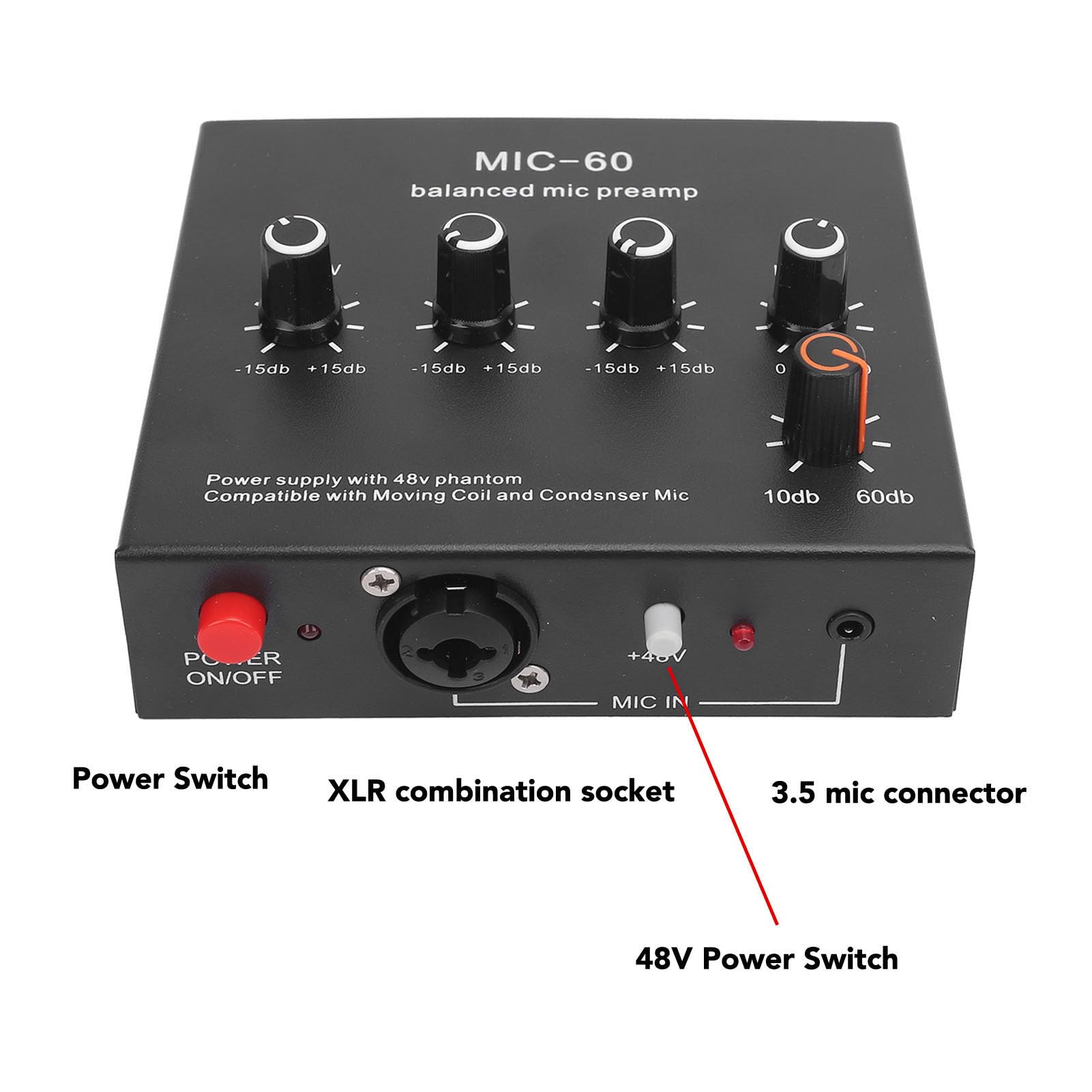 Préampli Micro, 60 DB Gain élevé, 48V Power, 3,5mm/6,35mm/XLR Sortie, Préamplificateur de Microphone, Préampli Microphone pour Micro à Condenseur et Dynamique (Prise UE)
