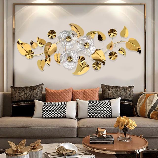 Image of ZOVE Modern Gold Floral Steel PVD Metal Wall Art for Living Room, Bedroom, Hotel, Restaurant & Drawing Room - Elegant Contemporary Sculpture Home Decor - 45x22 Inch