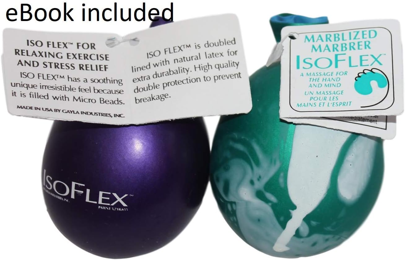 Hand Therapy And Exercise Ball with an e-Book. 2 Pack - One Solid Color And One Marblized. Ideal For Stress Relief - Hand and Wrist Exercise for ADD/ADHD - For All Ages (Assorted Colors)