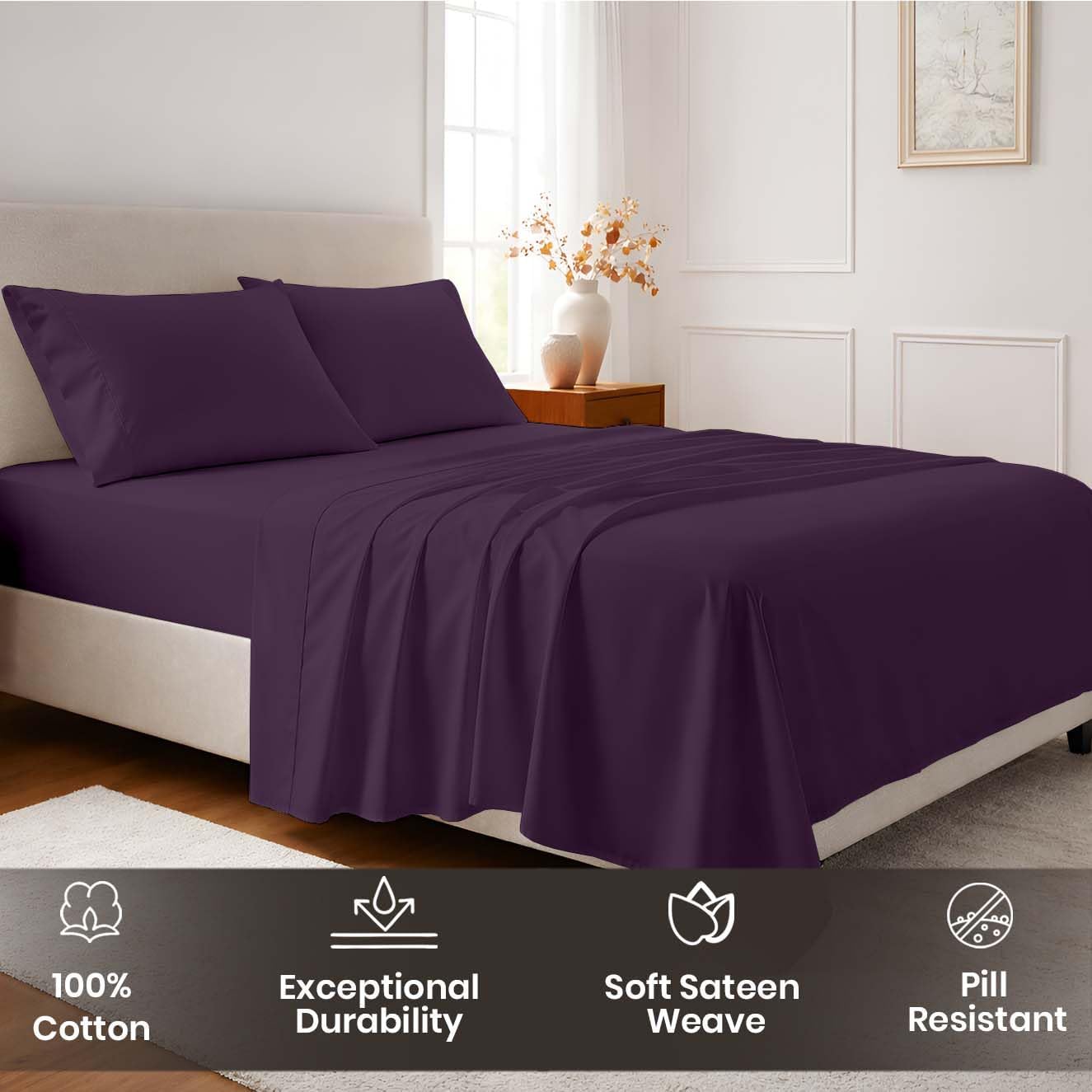 SGI bedding 1000 Thread Count Sheet Set Queen - 100% Egyptian Cotton Sheets – 16" Luxury Deep Pocket Bedding - Soft, Breathable & Premium - Hotel Sheets -Plum - Image 4
