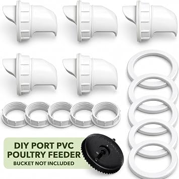 Poultry Pro DIY Chicken Feeder Port Kit - 5 Ports, Weatherproof Seals, Bushings & Hole Saw, PVC Gravity Feeder, Use for Buckets, Barrels, Bins & Troughs, No Waste Chicken Feeders Bucket NOT Included