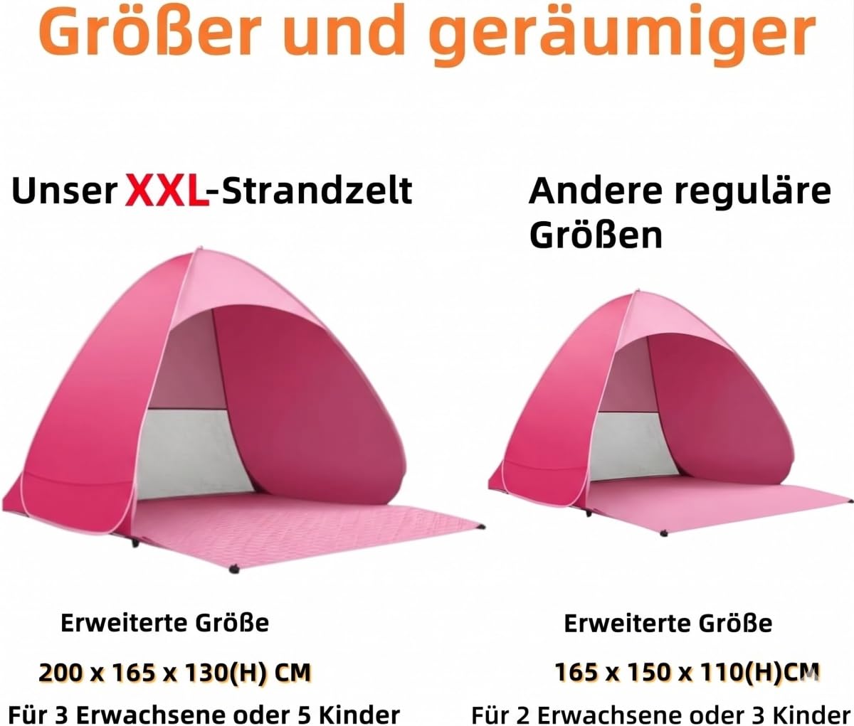 XXL Strandmuschel Pop Up, 200cm x 165cm x 130cm, Outdoor strandzelt für 3-5 Personen, UPF 50+ uv Schutz (pink)