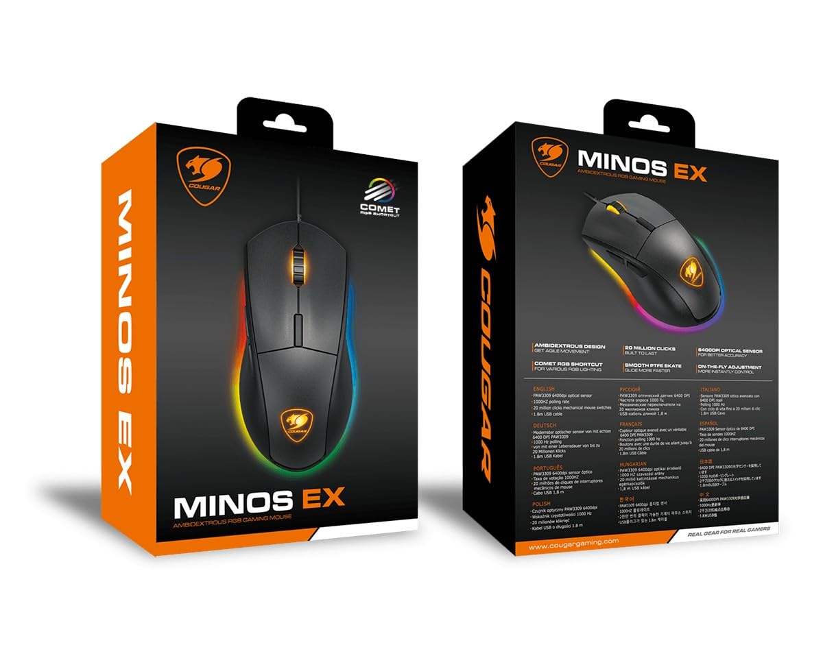 COUGAR Gaming | Mouse Gaming | MINOSEX Nero - Sensore ottico PMW3330-7200 DPI - Switch OMRON - Retroilluminazione RGB personalizzabile - Design ergonomico - Pattini in PTFE - Connettore USB
