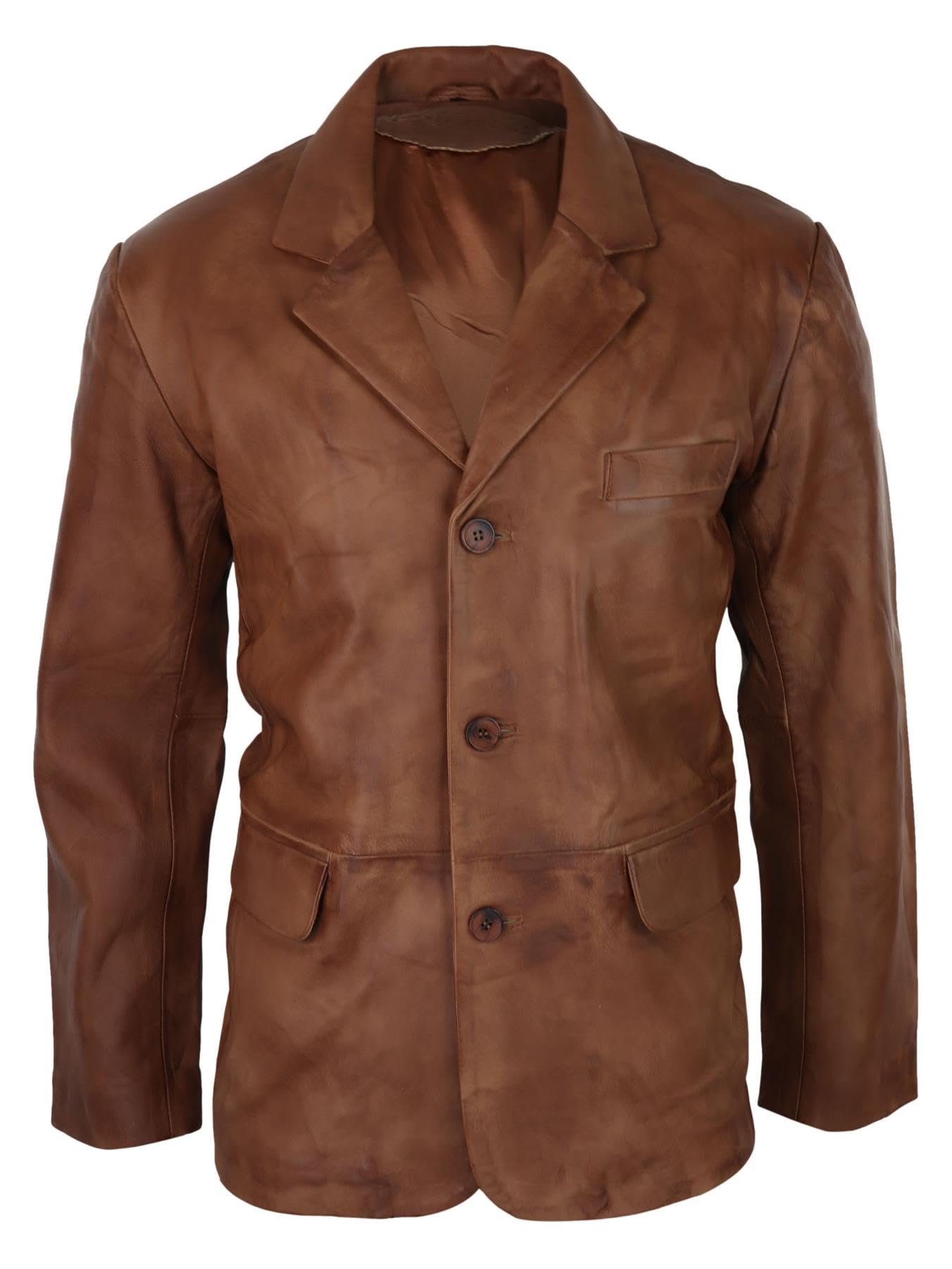 Infinity Leather Men's Tan Brown Real Leather Jacket Smart Casual Classic Blazer Retro Vintage