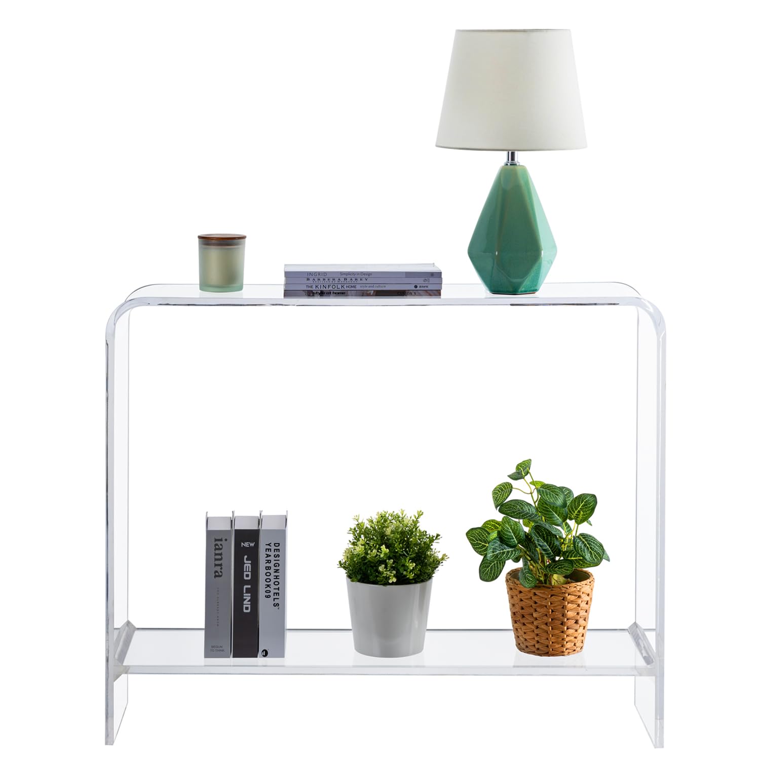 Mesa de consola de entrada de acrílico transparente de 0.591 in con estante inferior de exhibición, 2 niveles para sala de estar, sofá, estantes de almacenamiento, decoración moderna de lujo 7