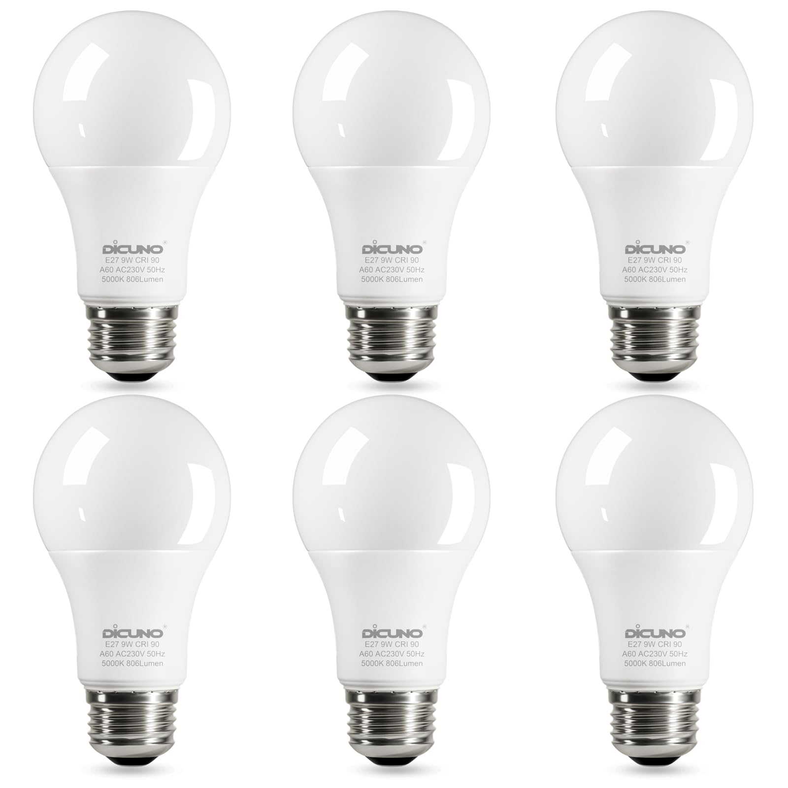 DiCUNO 9W E27 LED Lampe ersetzt 60W, 5000K Kaltweiß, 806lm, A60 Matt Edisonbirne, CRI 90, 220° Abstrahlwinkel, flimmerfrei, nicht dimmbar, 230V Energiesparlampe, 6er Pack