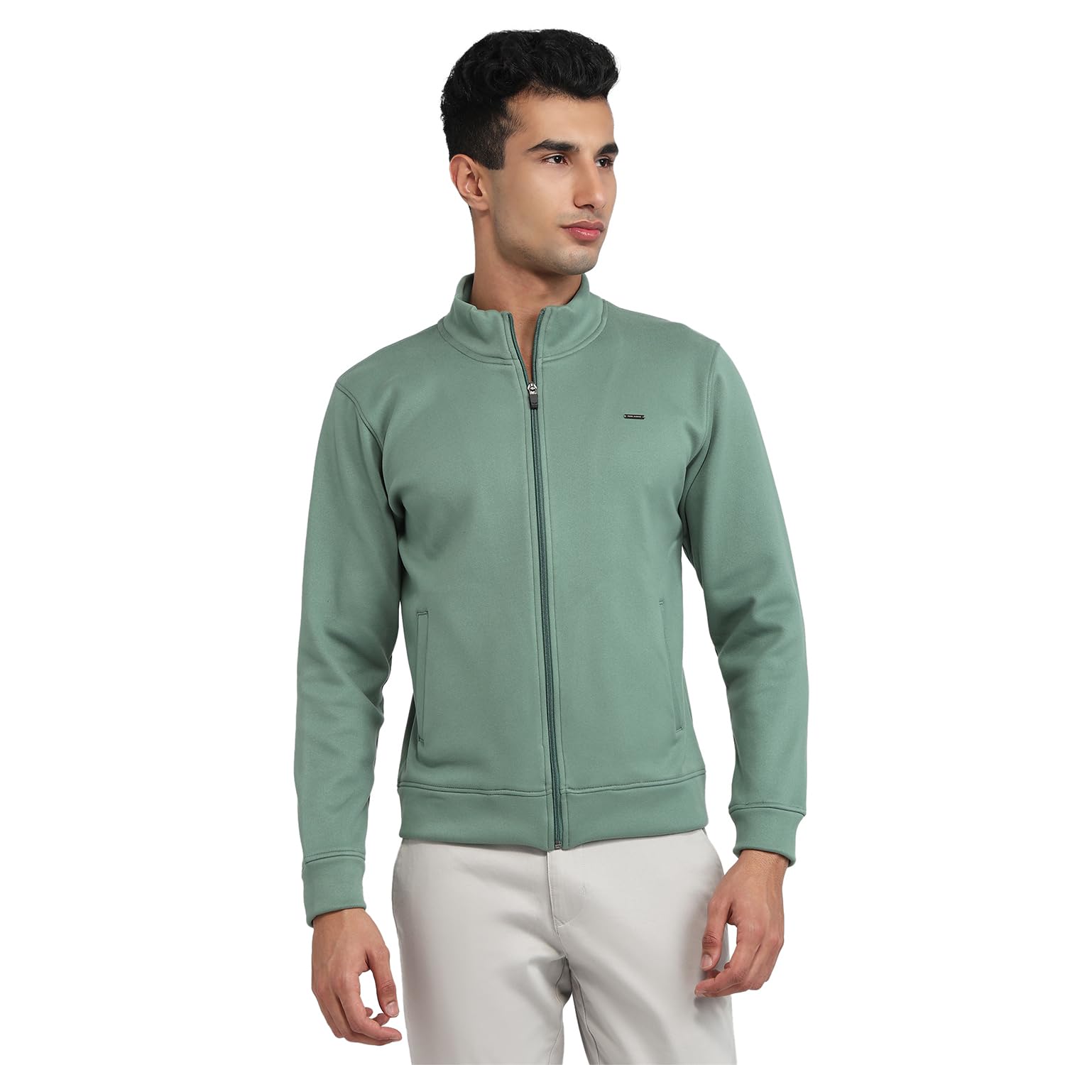 Park Avenue Men Slim Fit Solid Pattern Poly Spandex Blend Band Collar Full Sleeve Casual Sweatshirt Light Green-picture-37