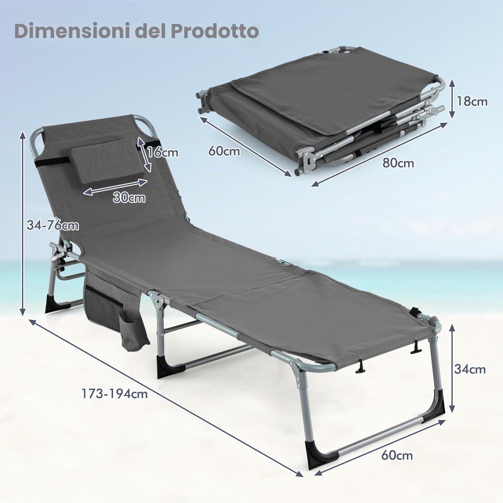 KOMFOTTEU Lettino Pieghevole con Foro per Viso e Braccia, Cuscino Estraibile, Sedia a Sdraio con Schienale Regolabile in 5 Posizioni, Sdraio da Spiaggia con Tasca Laterale, Portato 180 kg (Grigio)