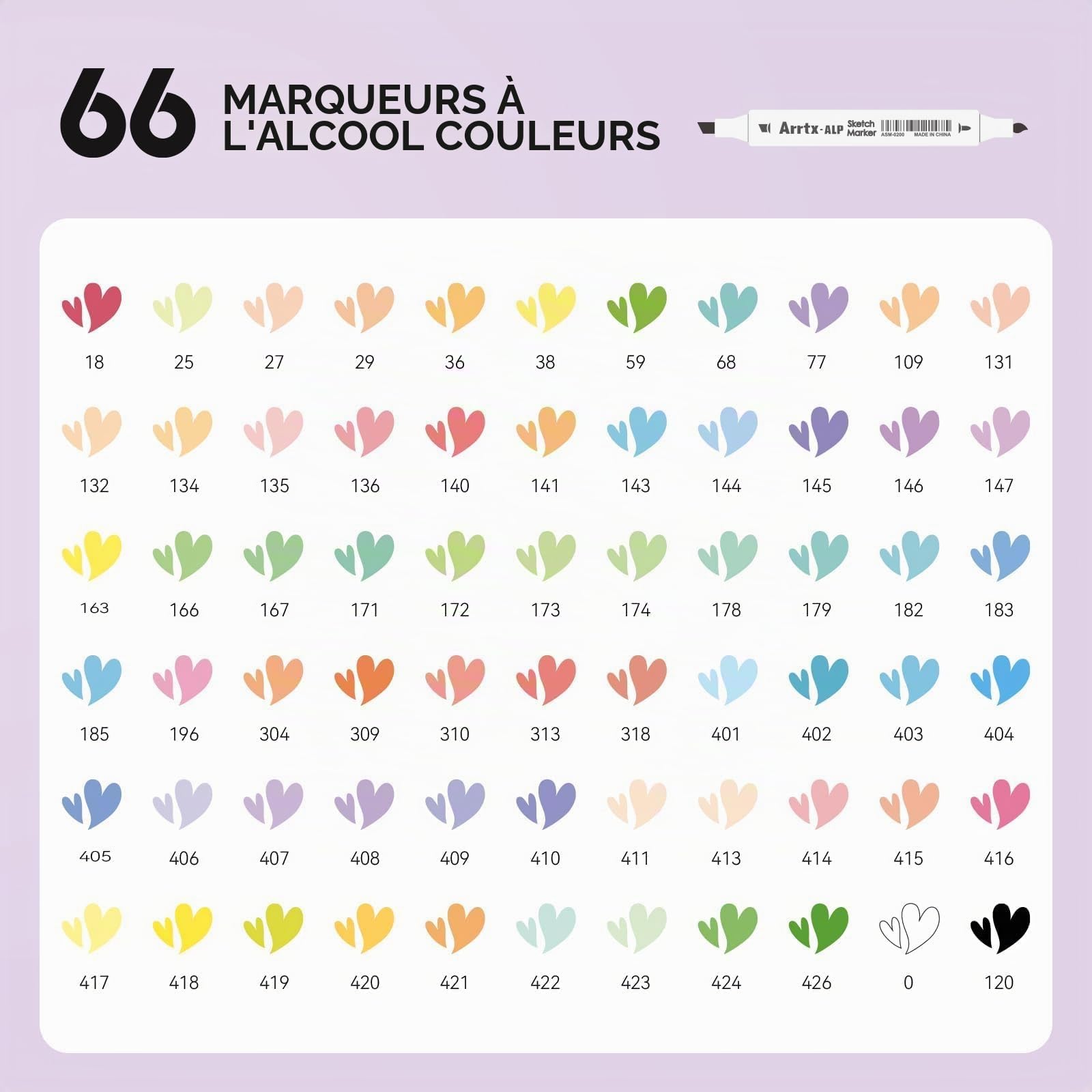 Arrtx ALP Lot de 66 marqueurs pastel à alcool à pointe fine et biseautée, adaptés pour la peinture, le coloriage, le dessin, les croquis, les illustrations, les marqueurs à base d'alcool, les stylos